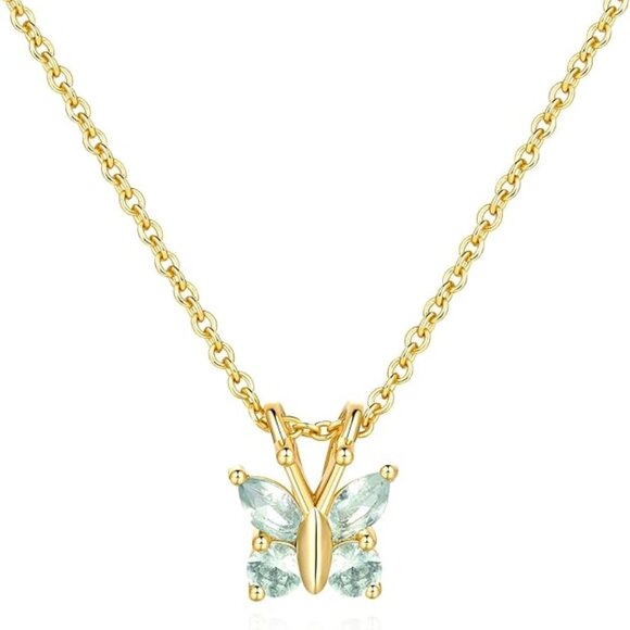 Butterfly Pendant 14K Gold Light Blue CZ Stones Trendy Diamond Pendant Necklace